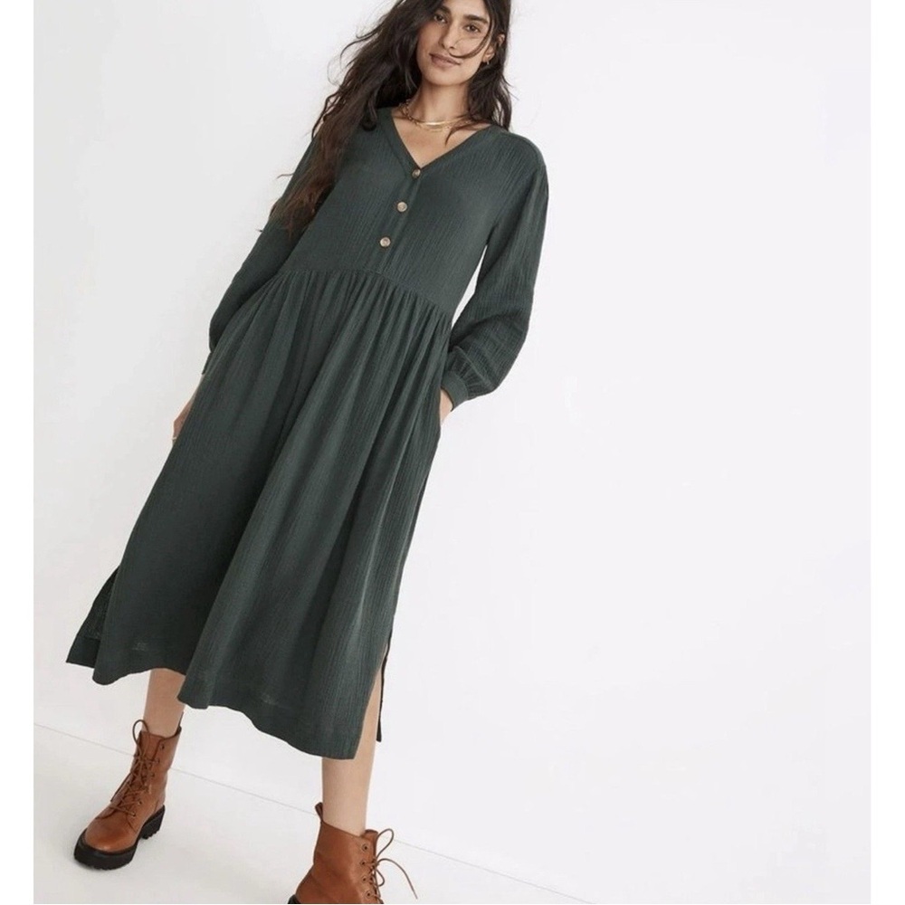 Madewell Lightspun Button Front Midi Gauze Shirt Dress Dark Palm Green size 4